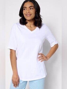 Denim & Co White V-Neck Short/ Elbow Sleeve Tunic 100% Cotton NEW